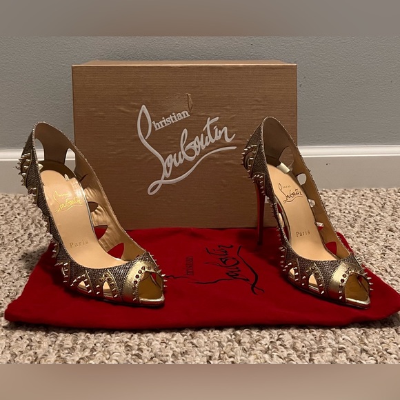 Christian Louboutin Circus City 100 Version Gold size 37 Spikes Peep Toe. - Picture 1 of 11
